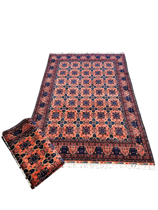 Hand-Knotted Afghan Bokhara Rug – Elegant Coral and Navy Masterpiece